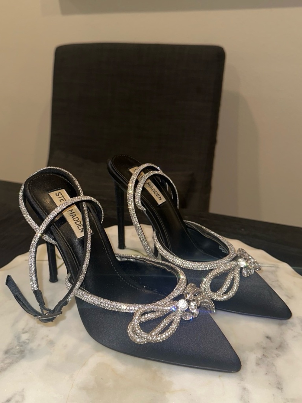 Steve Madden Black Satin Pointed Heels with Crystal Bow Trim